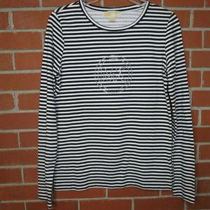 Michael Kors Sz M Women Black White Striped Long Sleeve Studded Logo Shirt